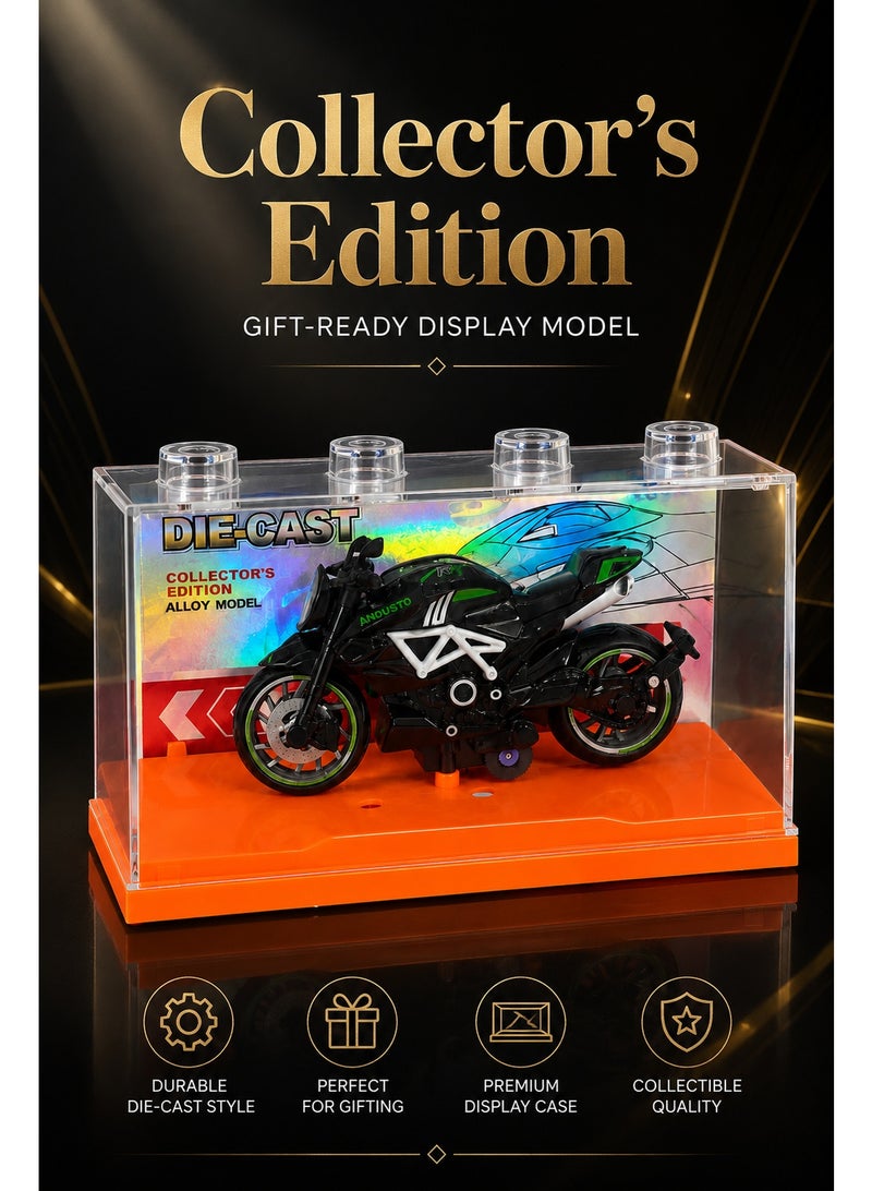 Die-Cast Collector Motorcycle Model with Display Case, Black Sport Bike Alloy Style Toy, Mini Motorcycle Display Model with Clear Protective Cover, Orange Base and Holographic Backing - Image 5