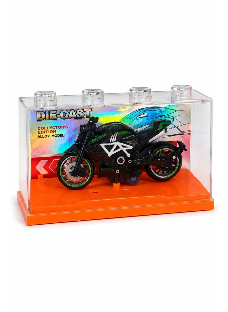 Die-Cast Collector Motorcycle Model with Display Case, Black Sport Bike Alloy Style Toy, Mini Motorcycle Display Model with Clear Protective Cover, Orange Base and Holographic Backing - Image 1