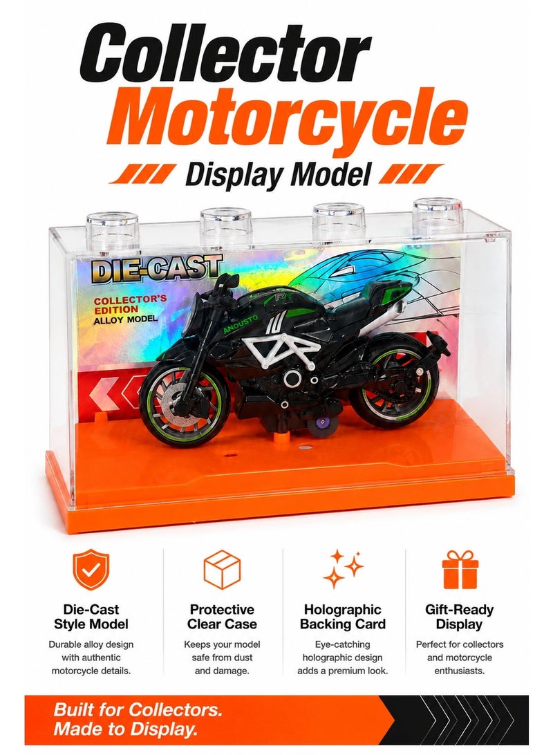 Die-Cast Collector Motorcycle Model with Display Case, Black Sport Bike Alloy Style Toy, Mini Motorcycle Display Model with Clear Protective Cover, Orange Base and Holographic Backing - Image 4