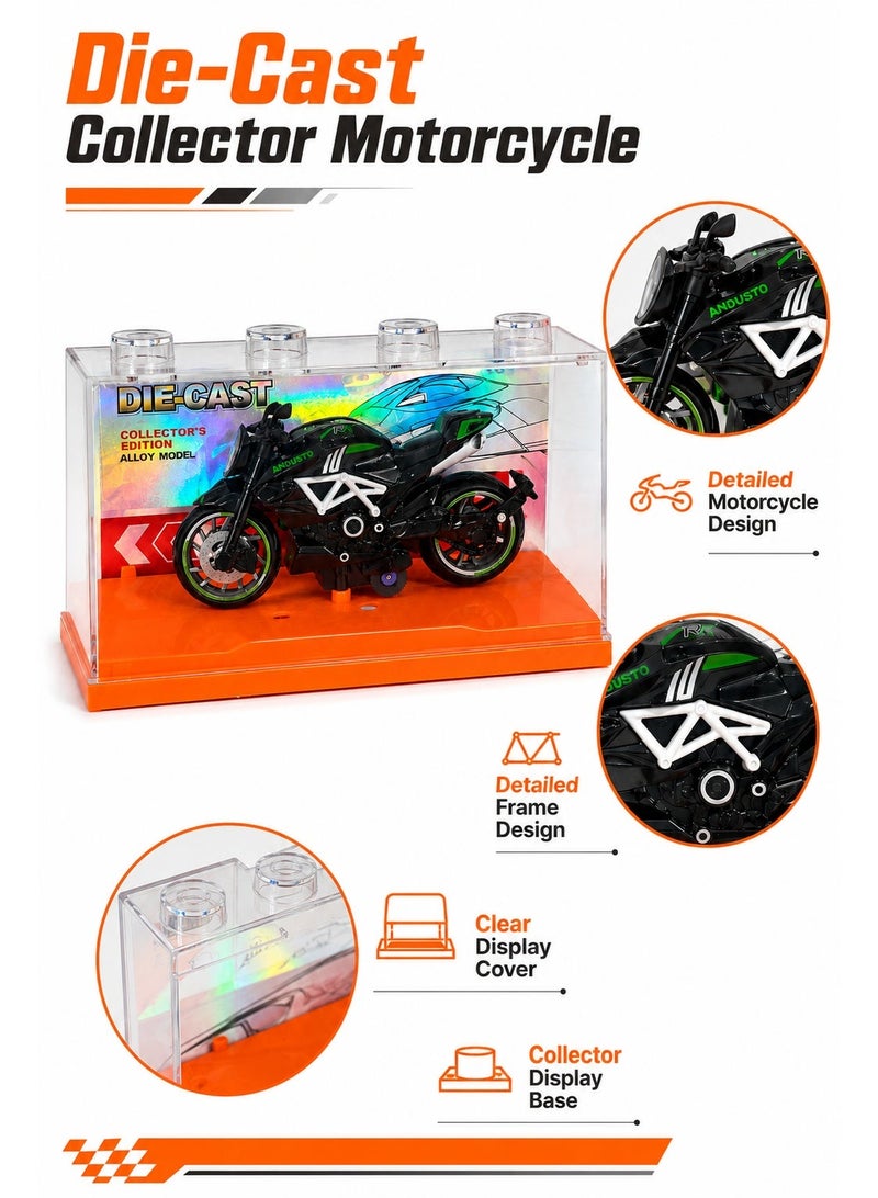 Die-Cast Collector Motorcycle Model with Display Case, Black Sport Bike Alloy Style Toy, Mini Motorcycle Display Model with Clear Protective Cover, Orange Base and Holographic Backing - Image 3