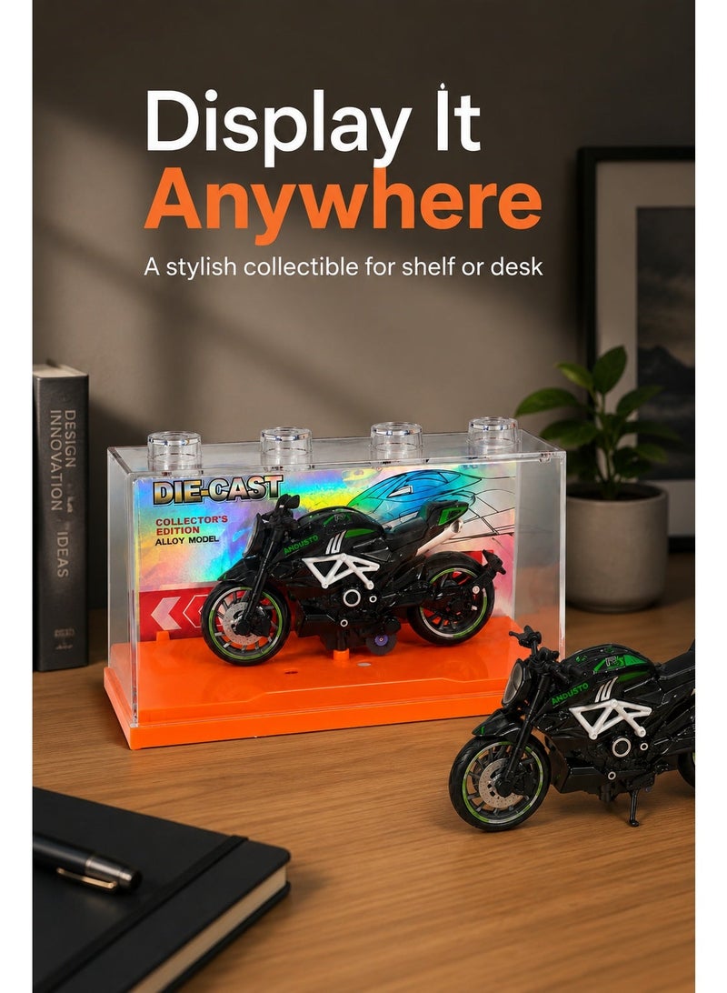 Die-Cast Collector Motorcycle Model with Display Case, Black Sport Bike Alloy Style Toy, Mini Motorcycle Display Model with Clear Protective Cover, Orange Base and Holographic Backing - Image 2