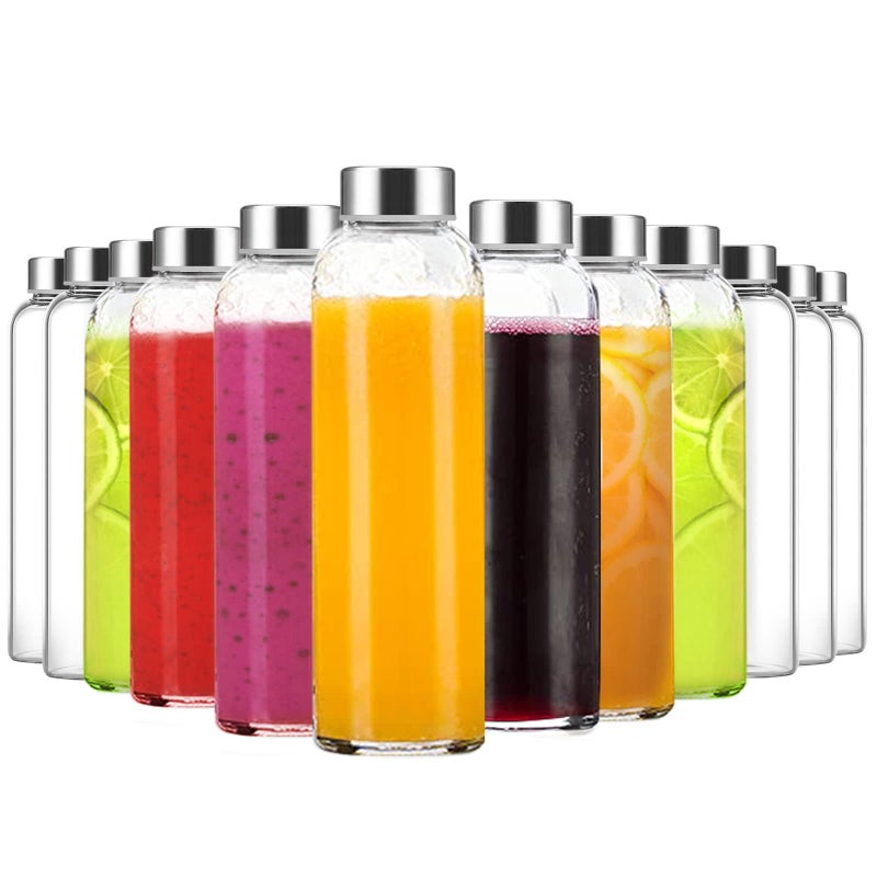 Luxfuel 18 oz Clear Glass Water Bottles with Lids Reusable Glass Juice Bottles with Stainless Steel Cap for Juicing Refrigerator100 Leak Proof BPA Free Set of 24