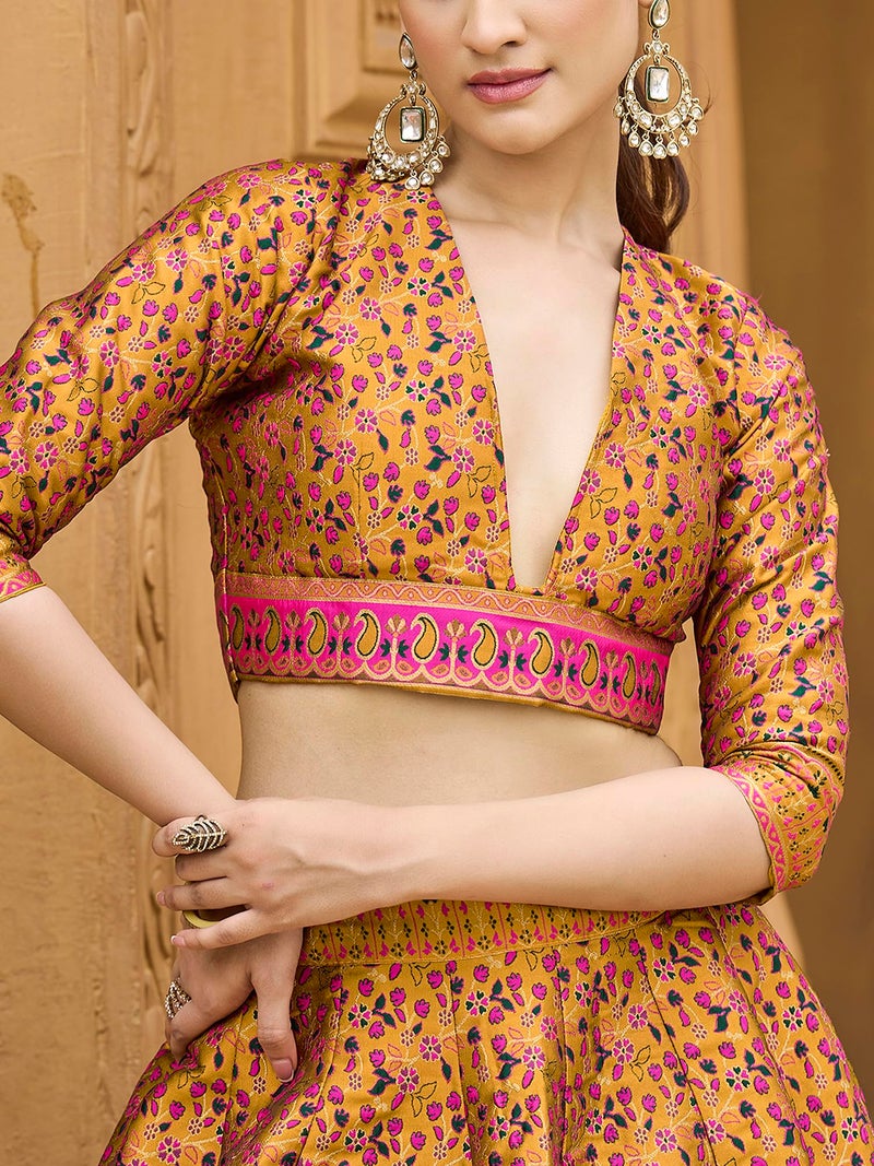 PURVAJA Women's Kanjiwaram Semi-Stitched Lehenga choli (Nadira-Yellow_Free Size) - Image 5