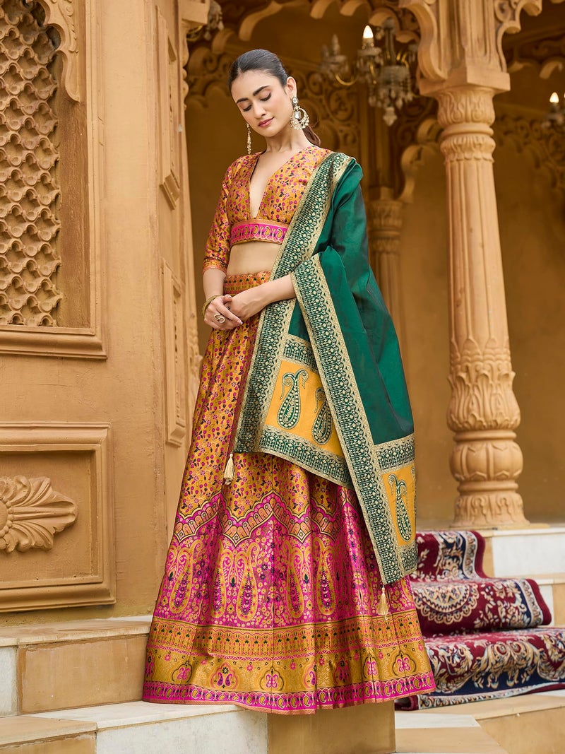 PURVAJA Women's Kanjiwaram Semi-Stitched Lehenga choli (Nadira-Yellow_Free Size) - Image 2