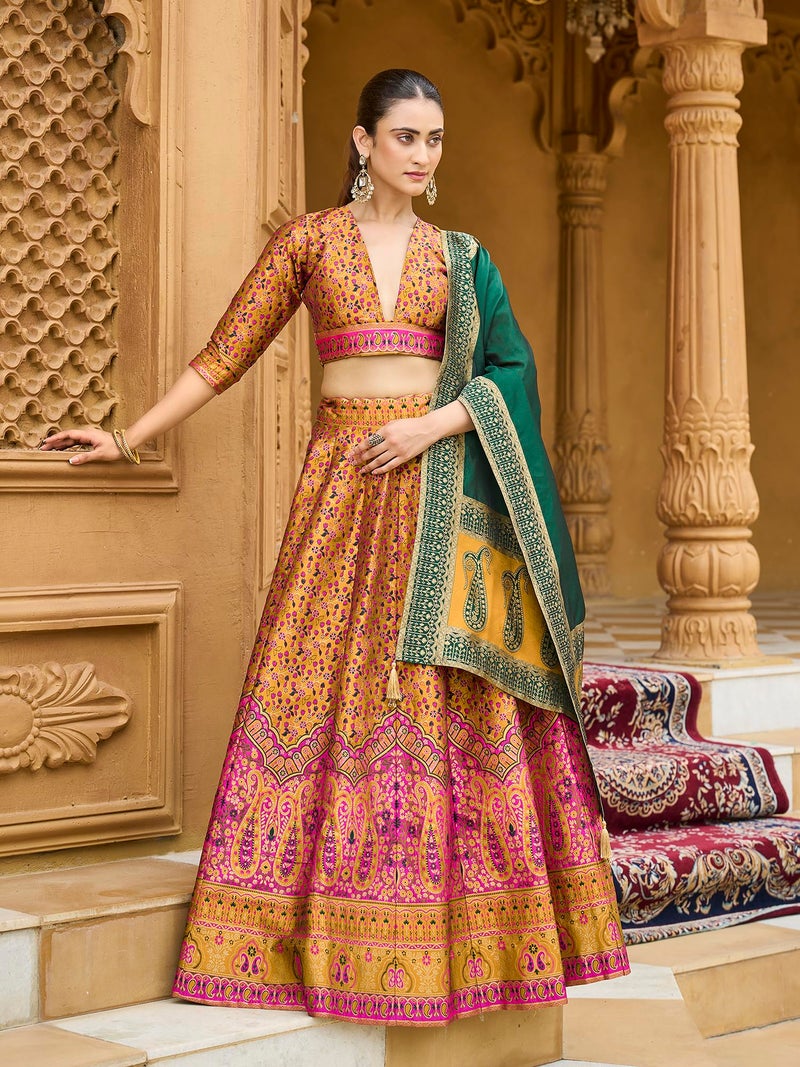 PURVAJA Women's Kanjiwaram Semi-Stitched Lehenga choli (Nadira-Yellow_Free Size) - Image 4