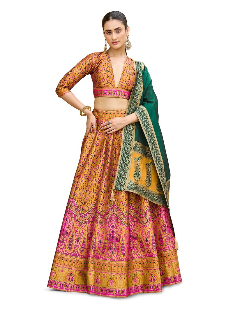 PURVAJA Women's Kanjiwaram Semi-Stitched Lehenga choli (Nadira-Yellow_Free Size) - Image 1