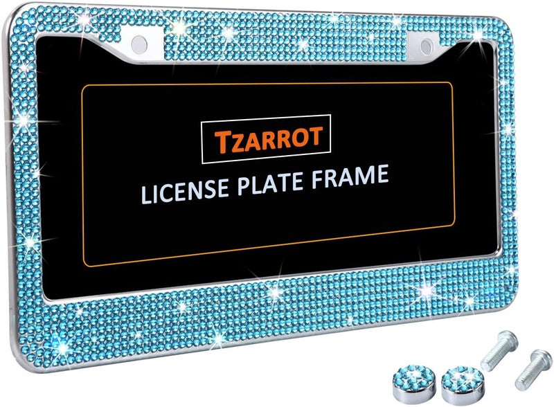 TZARROT إطارات لوحات ترخيص زرقاء مرصعة بأحجار الراين اللامعة للنساء، غطاء لوحة ترخيص معدني مقاوم للصدأ، إكسسوارات سيارات لامعة للنساء والرجال يسهل النقل - Image 3