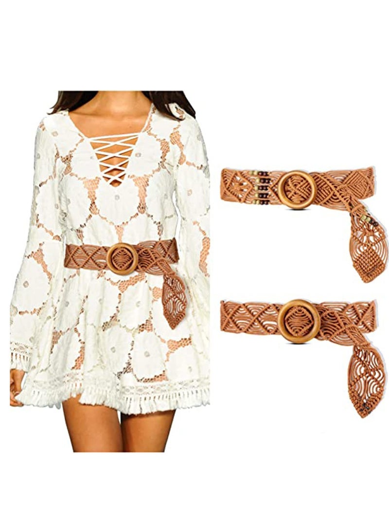 SYOSI Bohemian Rope Belt Boho Straw Hippie Braid Waist Retro Woven for Dresses Skirts Women Brown 2 Pieces - Image 1