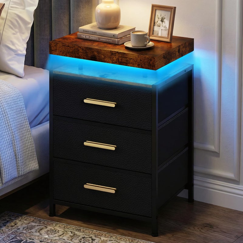 DreamDashio Night Stand with APP Control LED Lights, 3 Fabric Storage Drawers with PU Finish, Floating Top Design, Bedside Table with Open Shelf, End Table for Bedroom, Living Room, Office (Black) - Image 1