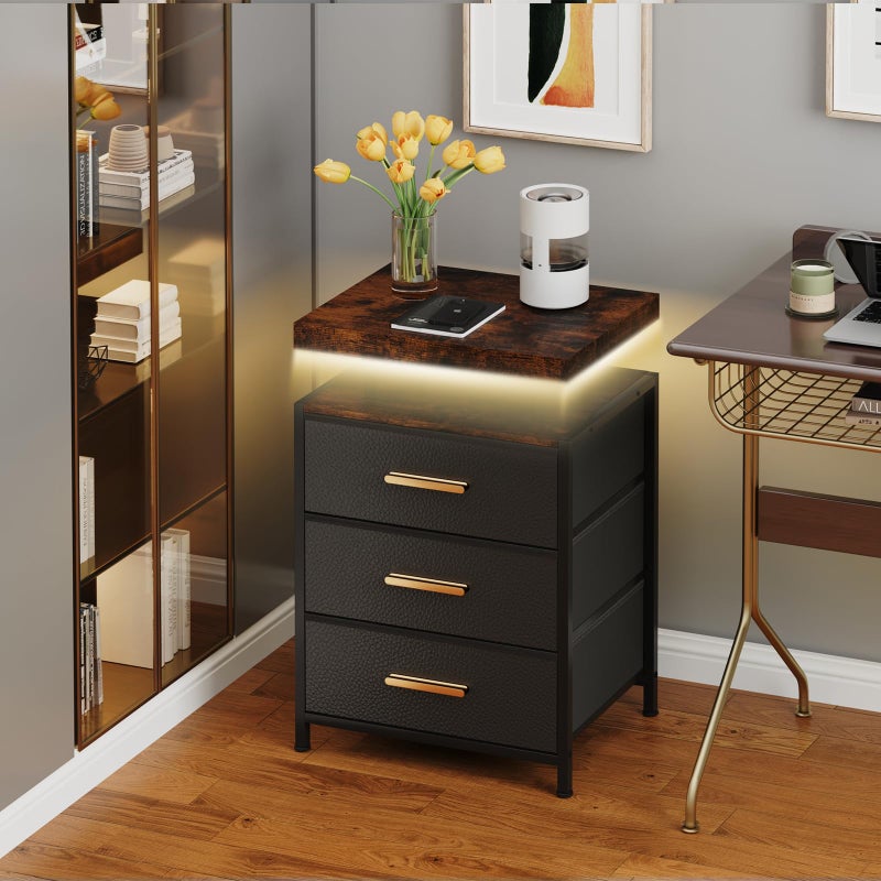 DreamDashio Night Stand with APP Control LED Lights, 3 Fabric Storage Drawers with PU Finish, Floating Top Design, Bedside Table with Open Shelf, End Table for Bedroom, Living Room, Office (Black) - Image 2