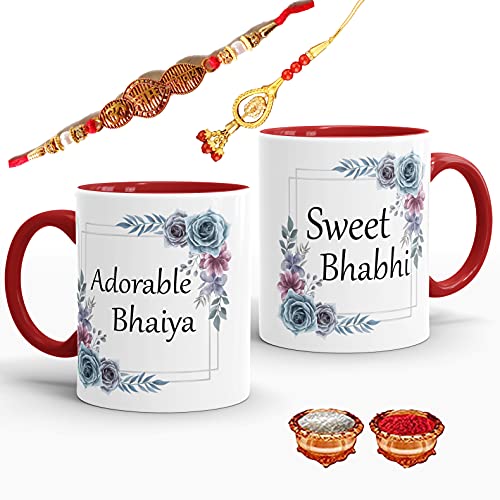 Gift Arcadia Adorable Brother & Bhabhi Rakhi Gift Pack with Coffee Mug- 2 Piece, Red, 330ml (RCOM016) - Image 1