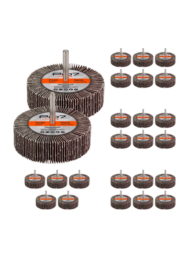 LAWAZIM Pro7 Sanding Flap Wheel for Drill -25 Piece, 80x25mm, 120 Grit- 1/4 inch 6mm Shank Mounted Aluminum Oxide Cylindrical Shape Grinding Abrasive Polishing Disc Sander for Metal Wood Paint Removal - Image 1