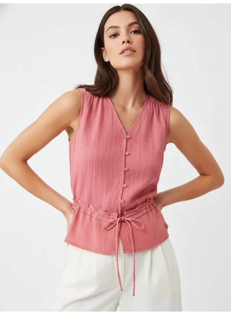 Pink Textured Top With Waist Detail