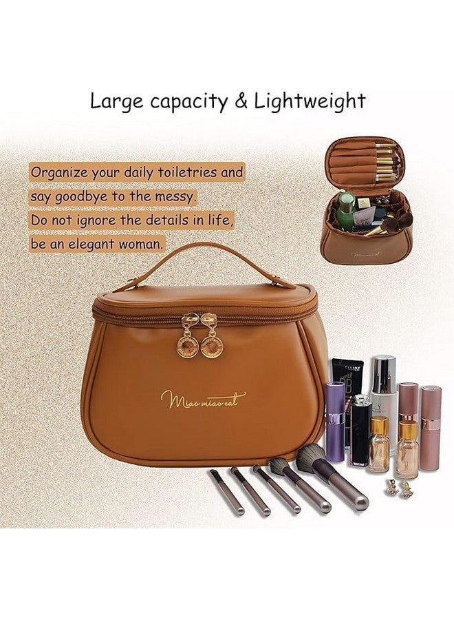 EAFTOS Compact Travel Makeup Bag for Women - Waterproof Mini Leather Cosmetic Organizer with Divider, Handle & Flat-Open Design (Brown) - Image 5