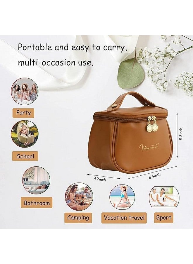 EAFTOS Compact Travel Makeup Bag for Women - Waterproof Mini Leather Cosmetic Organizer with Divider, Handle & Flat-Open Design (Brown) - Image 3