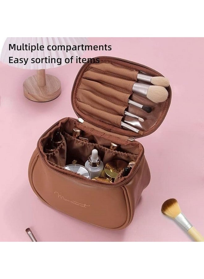 EAFTOS Compact Travel Makeup Bag for Women - Waterproof Mini Leather Cosmetic Organizer with Divider, Handle & Flat-Open Design (Brown) - Image 2