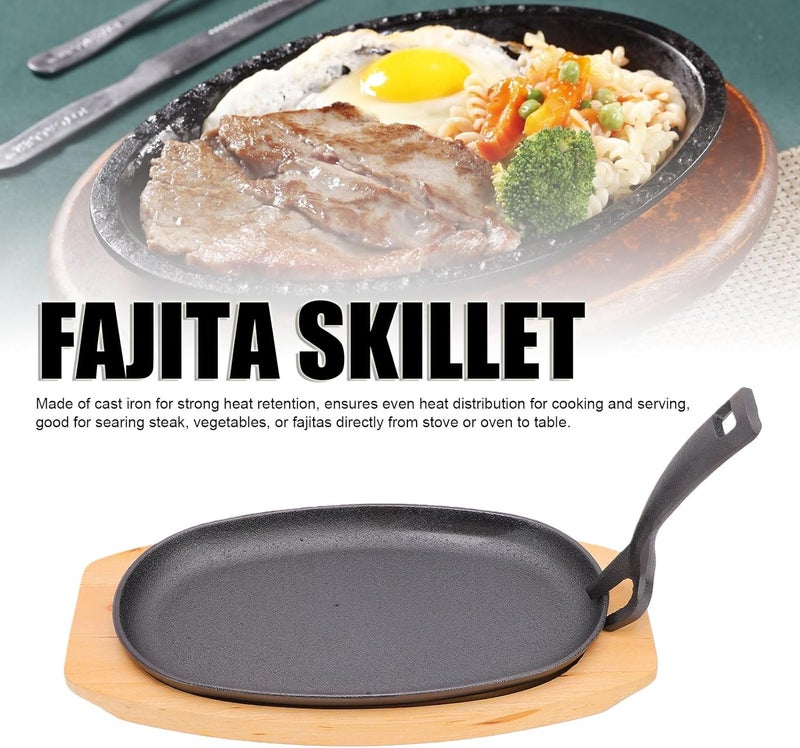 Luocute Oval Cast Iron Fajita Skillet Pan, Sizzling Plate with Wooden Base and Handle, Rustproof Scratchproof for Restaurant Home Kitchen BBQ Party - Image 2