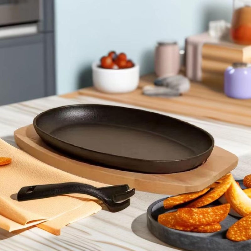 Luocute Oval Cast Iron Fajita Skillet Pan, Sizzling Plate with Wooden Base and Handle, Rustproof Scratchproof for Restaurant Home Kitchen BBQ Party - Image 3