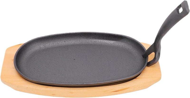 Luocute Oval Cast Iron Fajita Skillet Pan, Sizzling Plate with Wooden Base and Handle, Rustproof Scratchproof for Restaurant Home Kitchen BBQ Party - Image 1