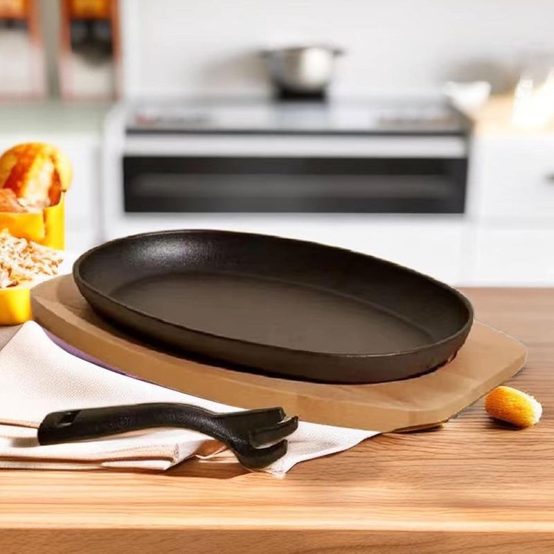 Luocute Oval Cast Iron Fajita Skillet Pan, Sizzling Plate with Wooden Base and Handle, Rustproof Scratchproof for Restaurant Home Kitchen BBQ Party - Image 4