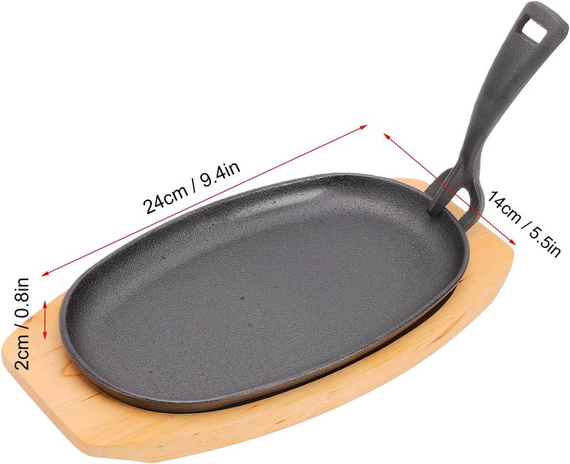 Luocute Oval Cast Iron Fajita Skillet Pan, Sizzling Plate with Wooden Base and Handle, Rustproof Scratchproof for Restaurant Home Kitchen BBQ Party - Image 5