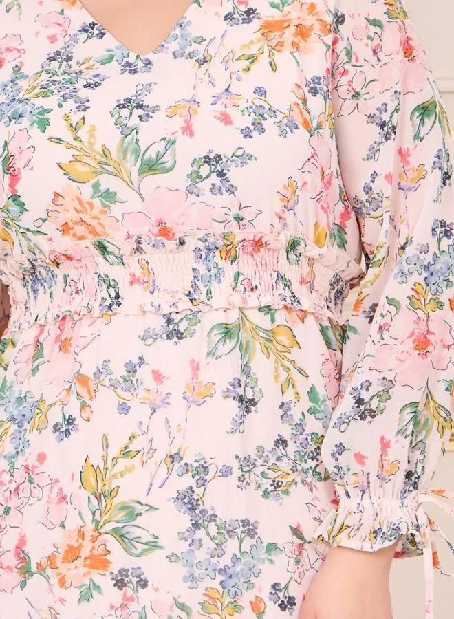 Styli Plus Floral Print Smocked Waist A-Line Maxi Dress
