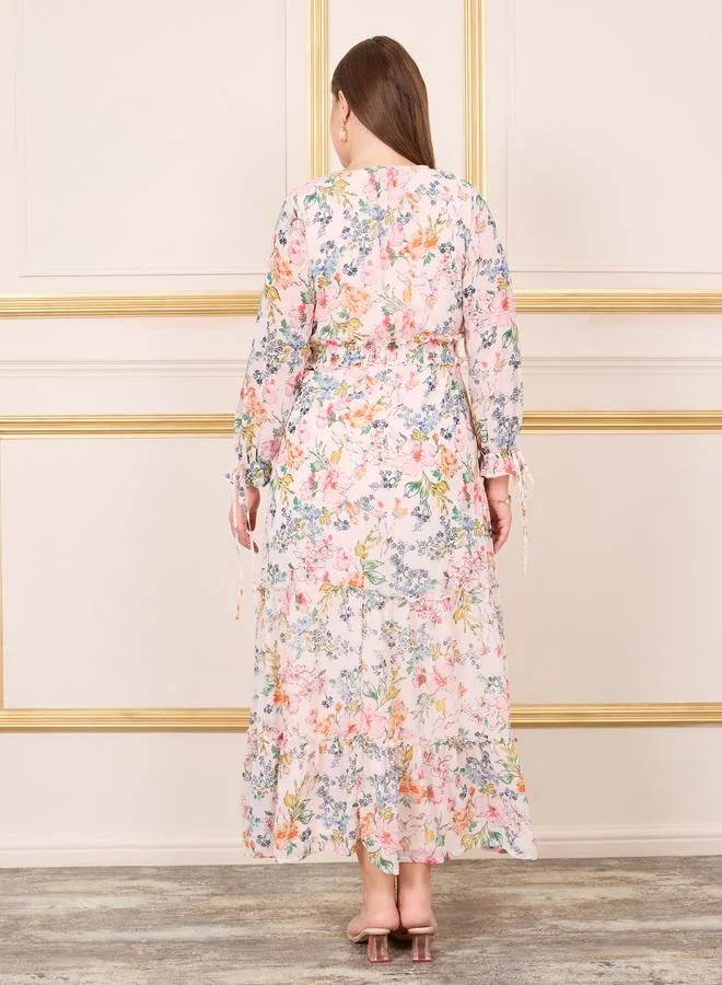 Styli Plus Floral Print Smocked Waist A-Line Maxi Dress