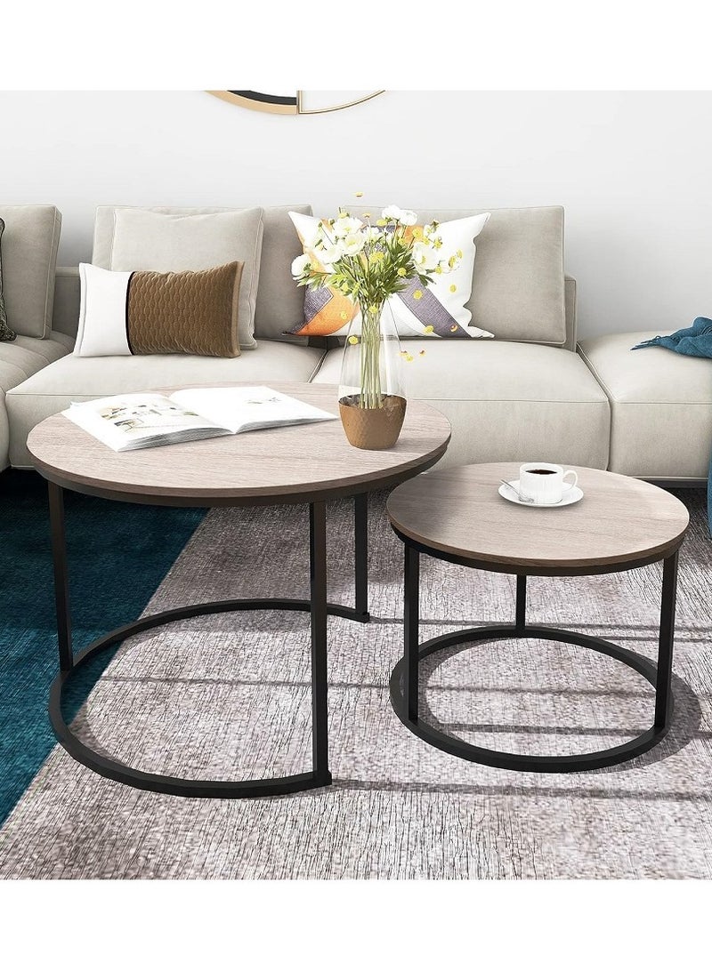AGD Modern Nesting Round Coffee Table Set of 2 Pieces for Living Room Balcony Garden Etc, Round Coffee Table with Solid Metal Frame - Image 2