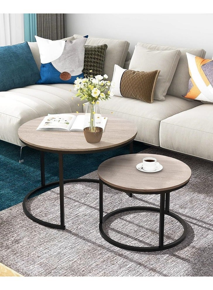 AGD Modern Nesting Round Coffee Table Set of 2 Pieces for Living Room Balcony Garden Etc, Round Coffee Table with Solid Metal Frame - Image 4