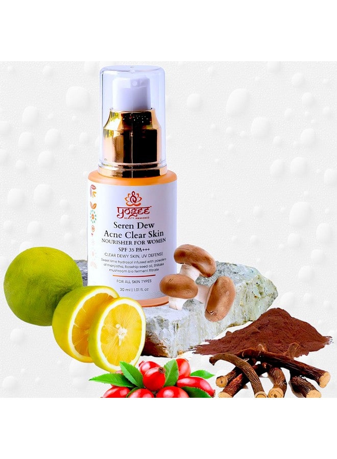 YOGEE Natural Acne Clear Skin Nourisher Face Serum Gel with SPF 35 PA+++ | 30ml | Anti Acne, Spot Reduction, Brightening Serum, Sweet Lime, Rosehip Oil, Moisturizer, Travel Lotion for Women & Girls - Image 1