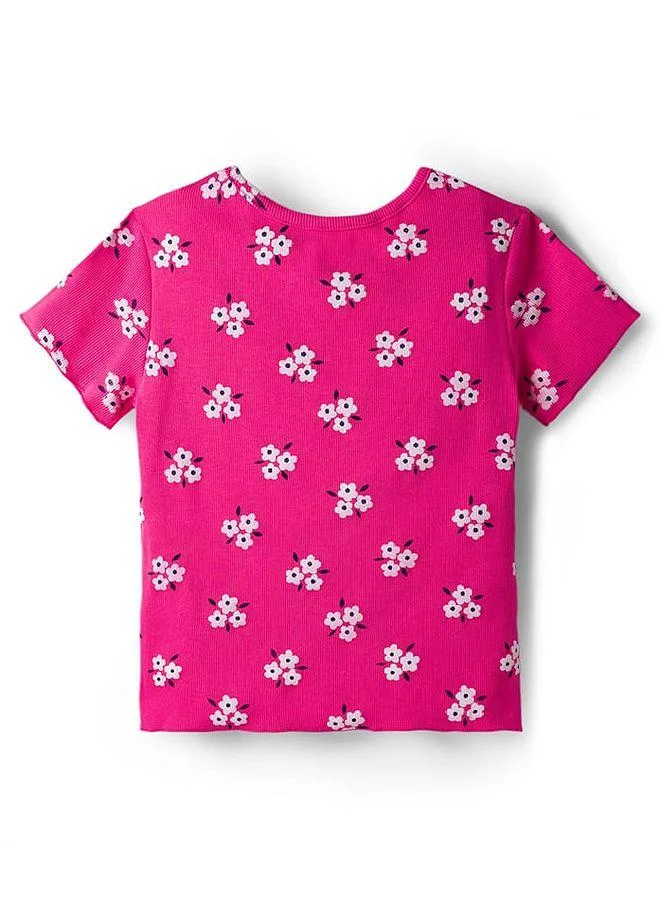 Honeyhap Honeyhap Premium Cotton Rib Knit Half Sleeves T-Shirt With All Over Floral Print - Fandango Pink
