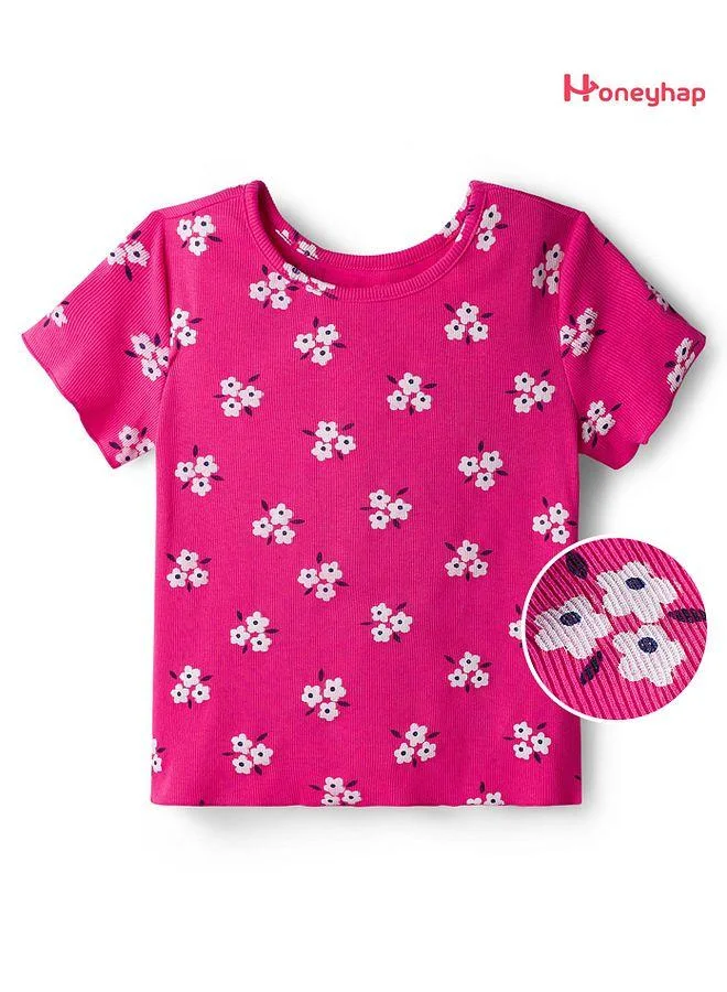 Honeyhap Honeyhap Premium Cotton Rib Knit Half Sleeves T-Shirt With All Over Floral Print - Fandango Pink