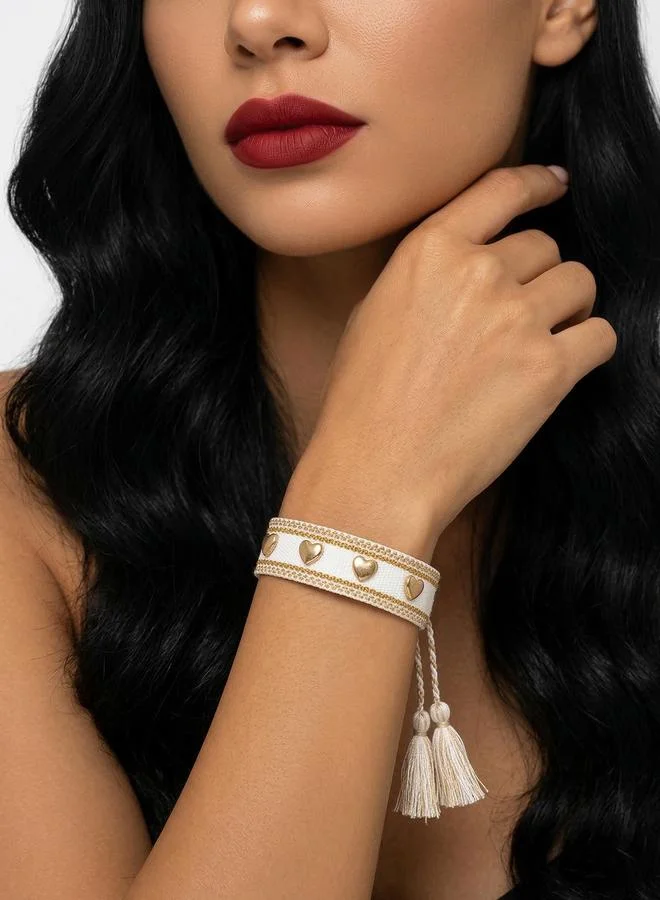 White and Gold Heart Embellished Woven Bracelet