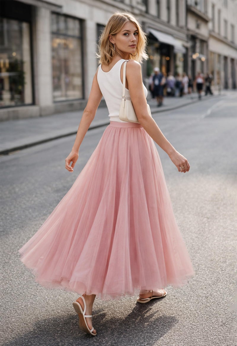 SANGTREE Women's Tulle Skirts Elastic High Waist A-Line Layered Tutu Mesh Flowy Skirt Ankle Length, 2#Pink, Medium - Image 4