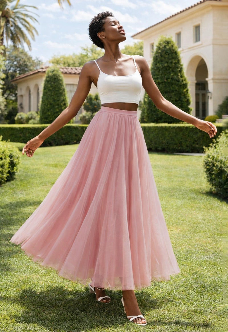 SANGTREE Women's Tulle Skirts Elastic High Waist A-Line Layered Tutu Mesh Flowy Skirt Ankle Length, 2#Pink, Medium - Image 5