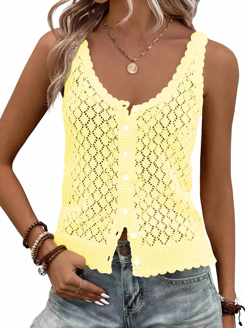 Fisoew Womens Sweater Tank Tops Summer Sleeveless Crochet Cardigan Button Down Boho Knit Going Out Vest Tops Yellow - Image 1