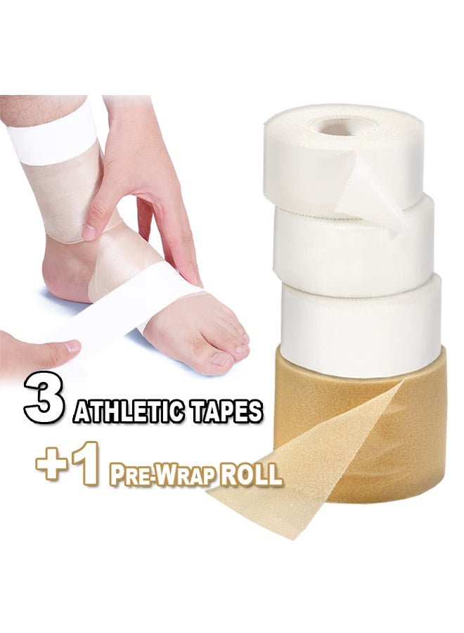 3 Pack Premium White Athletic Tape for Injuries and 1 Pack Pre Wrap Tape, Easy Tear & No Sticky Residue Foam Bandage, Sport Pre wrap Athletic Tape for Soccer, Gymnastics, Boxing - Image 1