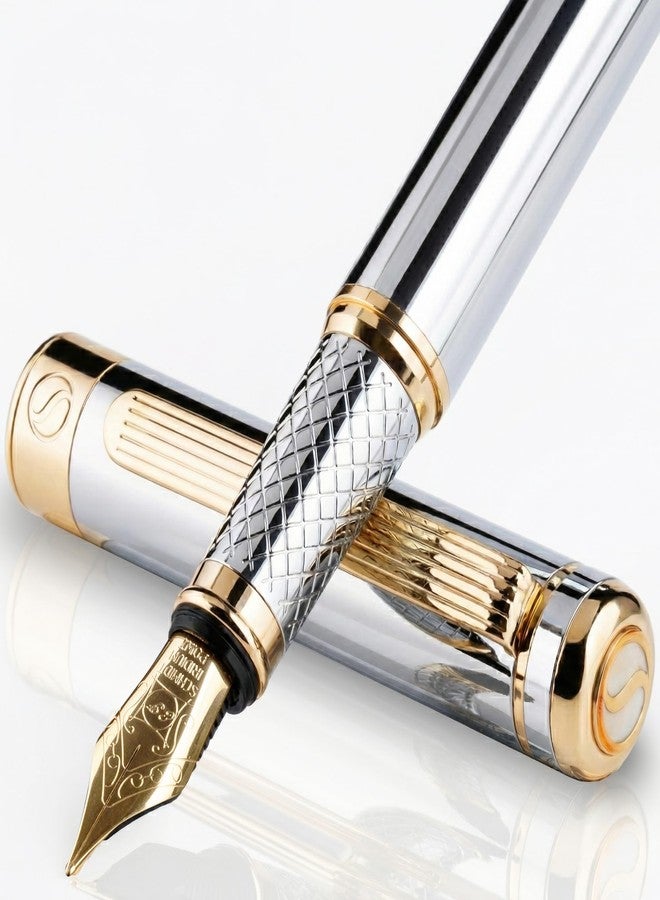 Scriveiner Silver Chrome Fountain Pen - Stunning Luxury Pen, Real Gold Finish, Schmidt Gilded Nib (Extra Fine), Best Gift Set for Men & Women Professional Executive Office Nice Designer Pen - Image 1