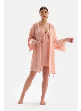 dagi Salmon Lace Detailed Front Tie Dressing Gown  - Image 4
