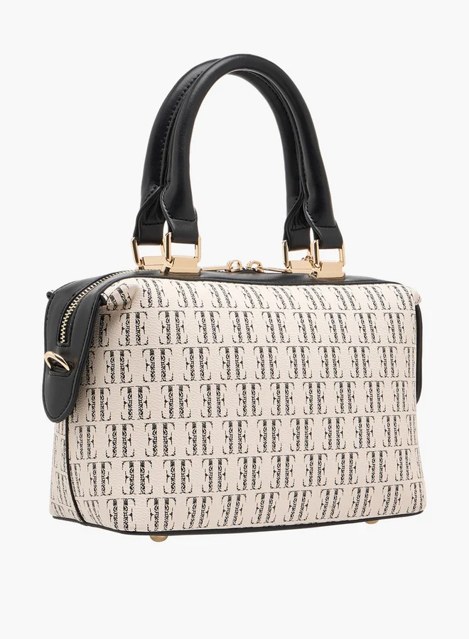 ELLE Women's Monogram Print Bowler Bag with Double Handle and Zip Closure