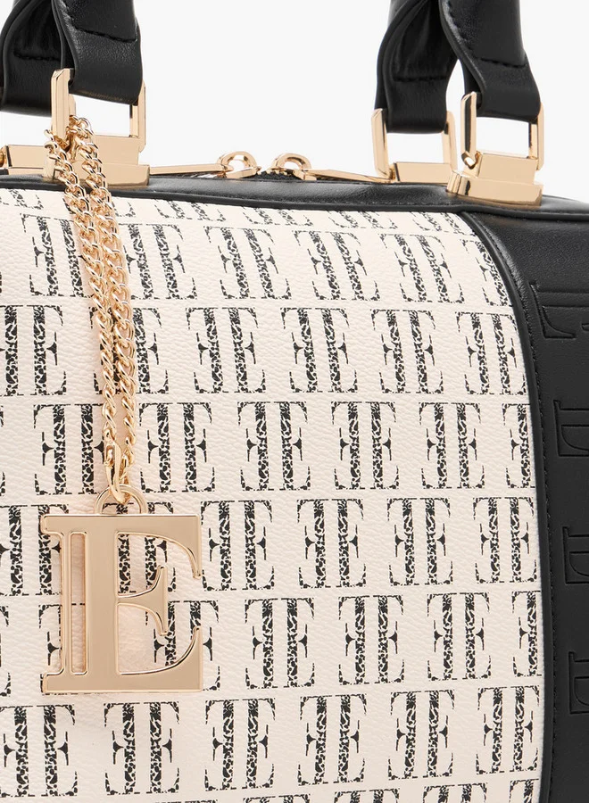 ELLE Women's Monogram Print Bowler Bag with Double Handle and Zip Closure