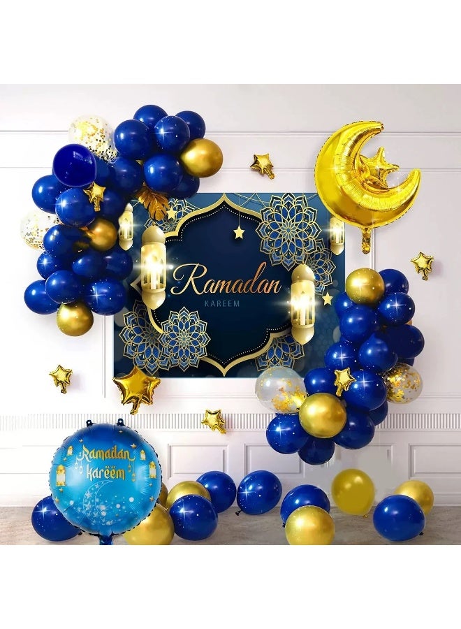 Ramadan Kareem Balloon Garland Kit - Royal Blue & Gold Eid Mubarak Decoration with Moon, Star & Lantern Foil Balloons for Home Party - Image 1