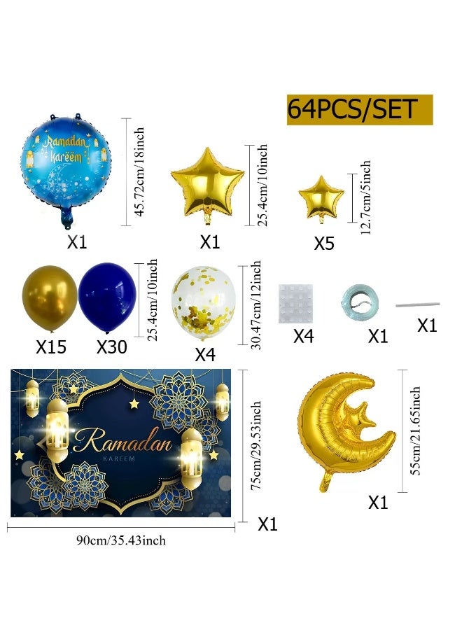 Ramadan Kareem Balloon Garland Kit - Royal Blue & Gold Eid Mubarak Decoration with Moon, Star & Lantern Foil Balloons for Home Party - Image 2