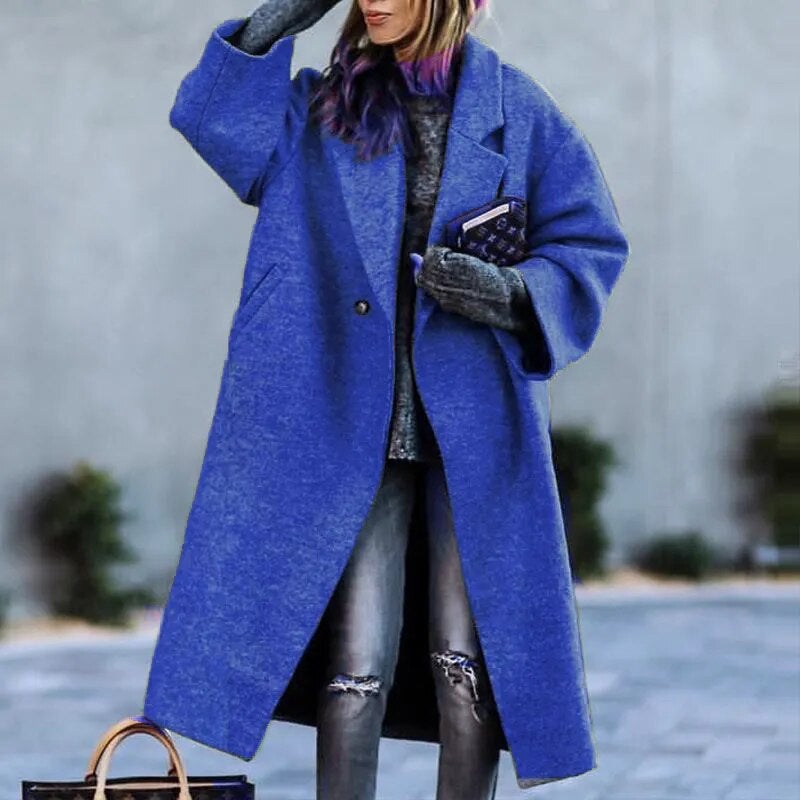 2025 New Autumn and Winter European and American Cross-Border Womens Clothing Amazon Casual Long Pure Color Warm Woolen Jacket Coat Blue 