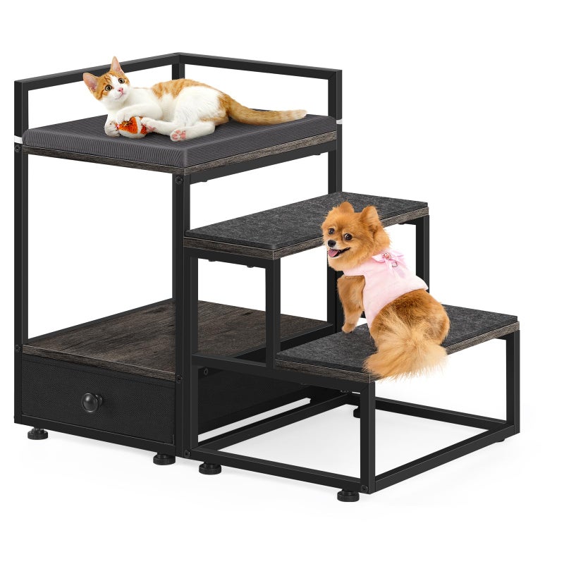 CADUKE Pet Bunk Bed with Stairs and Storage, 19.6" H Dogs&Cats Window Perch, Steps Dog Stairs for Beds for Small Dogs and Cats, Dog Window Seat with Soft Cushion, Grey - Image 1