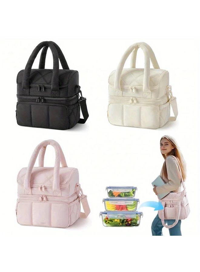 Large Insulated Lunch Bag Beige Thermal Lunch Box Multiple Compartments Reusable For Work Picnic - Image 1
