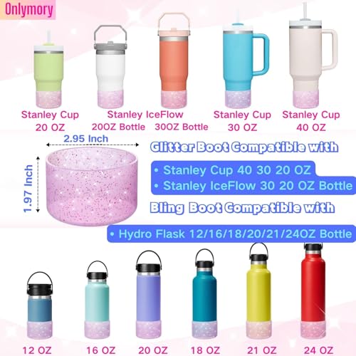 Onlymory Silicone Boot for 30 40 OZ Stanley Cup Accessories, Glitter Boots for Stanley 20OZ 30OZ Tumbler Ice-Flow 16OZ Bottle, Anti-Slip Bling Protector Bottom Cover Sleeve, Clear Carnation - Image 2
