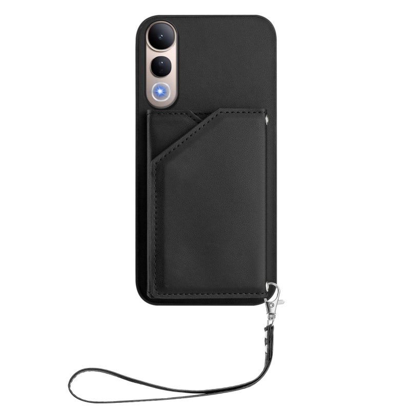 erorex For vivo V50 Lite 4G  Feel Four Card Slots Phone Case with Wrist Strap(Black) - Image 2