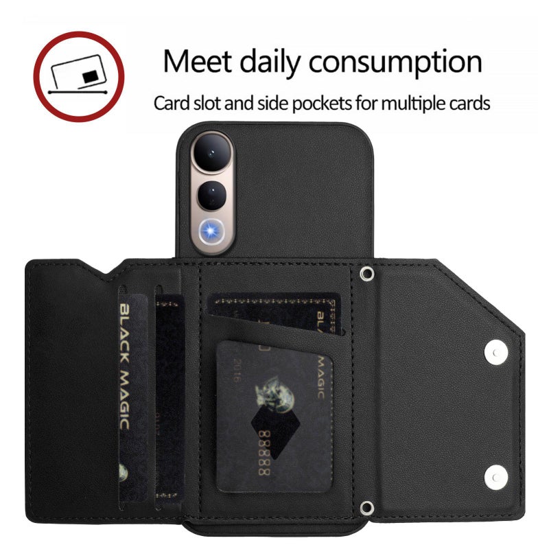 erorex For vivo V50 Lite 4G  Feel Four Card Slots Phone Case with Wrist Strap(Black) - Image 5