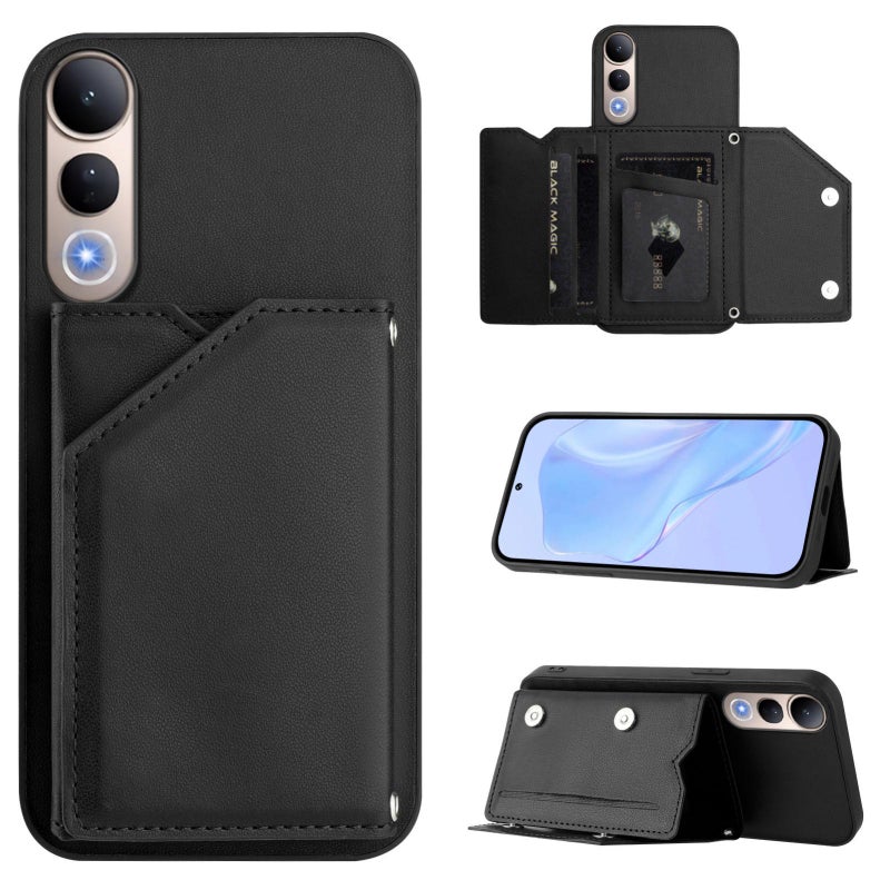 erorex For vivo V50 Lite 4G  Feel Four Card Slots Phone Case with Wrist Strap(Black) - Image 1